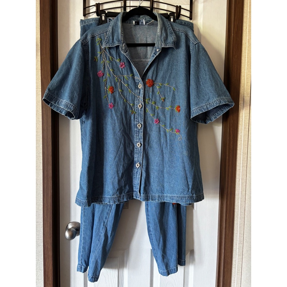 Studio West Womens 2X Denim Set Beaded Floral Embroidery Shirt Pants Blue Cotton